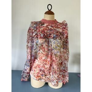 Ranna Gill Anthropologie womens floral print blouse size S long sleeves sheer